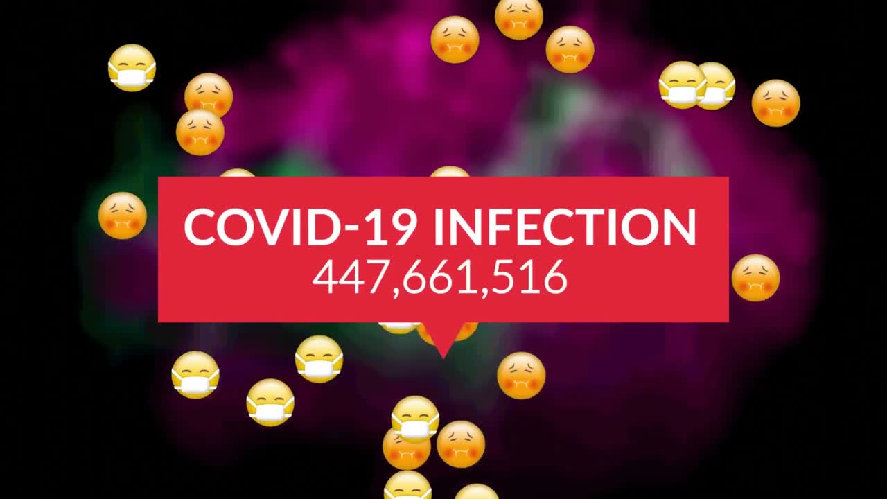 Animação de texto sobre infecção por COVID-19 e número crescente sobre emojis de doentes, em fundo escuro e desfocado.