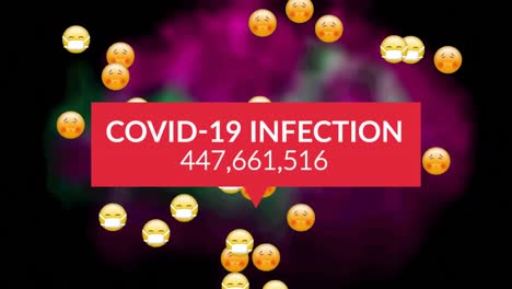 Animation-text-covid-19-infection,-and-rising-number-over-sick-emojis,-on-dark,-blurred-background