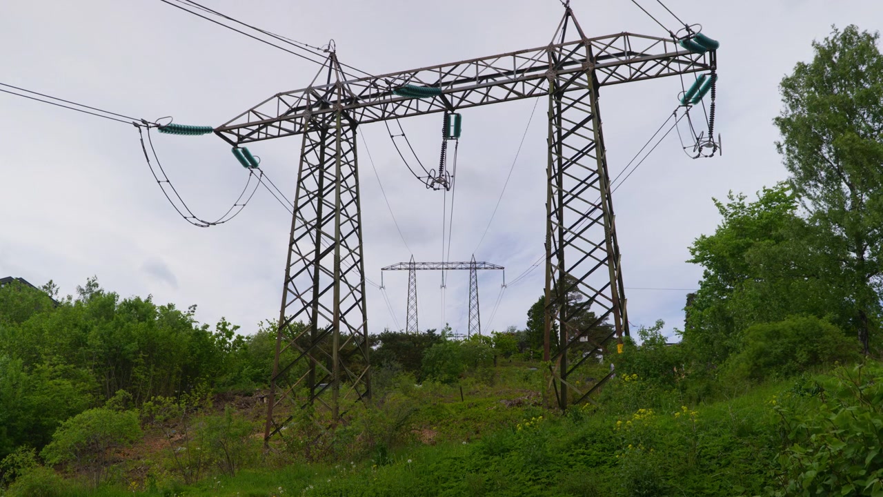 Metal transmission towers stand tall over lush greenery, set against an overcast sky. Suitable for energy infrastructure projects or environmental documentaries.