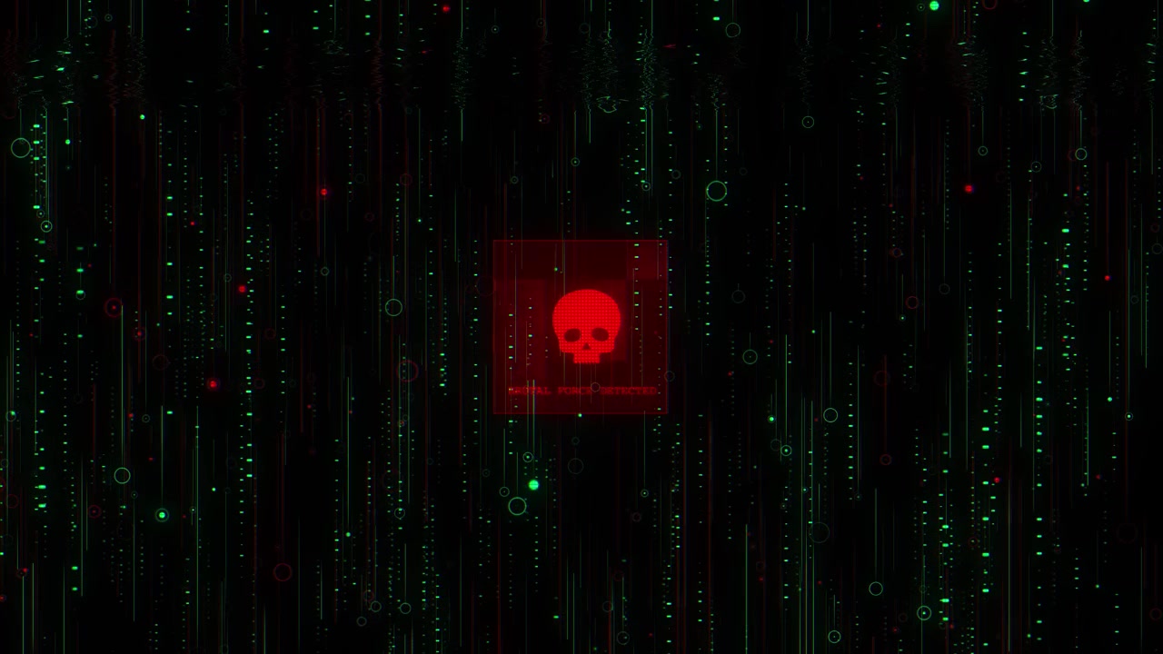 Cyberangrebsadvarsel med kraniebillede, rødt fareikon, faldende grønne kodestrømme og mørk hacker.