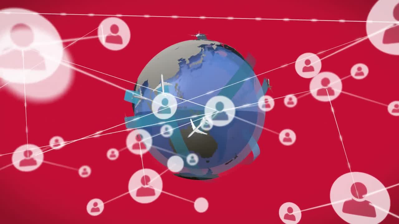 연결된 사람들의 애니메이션 아이콘과 비행기가 빨간 바탕에 지구를 돌아다니고 있습니다.