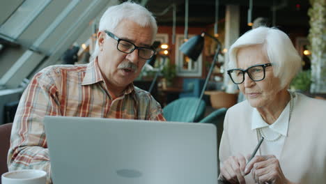 senior couple working on laptop in a cafe