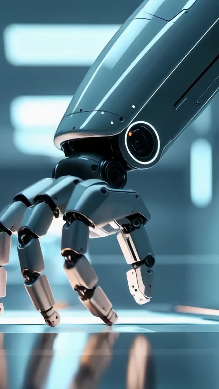 Vertical video: Entering robotic arm lowering hand to lit platform in lab, scanning top for data