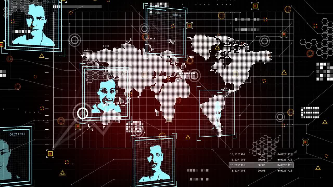 animación de múltiples iconos de perfiles cambiantes sobre un mapa del mundo giratorio contra un fondo rojo