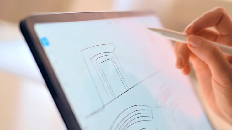 Woman sketching a building on a graphic tablet with a stylus pen