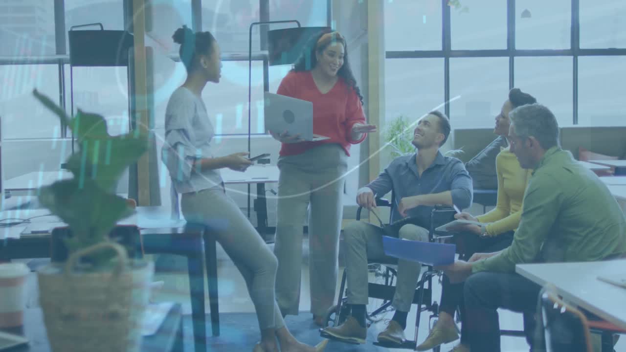 Animation of data processing over disabled and diverse business people in office