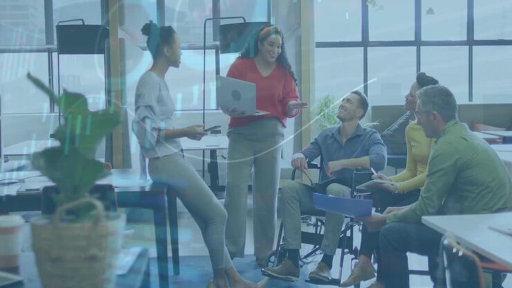 Animation of data processing over disabled and diverse business people in office