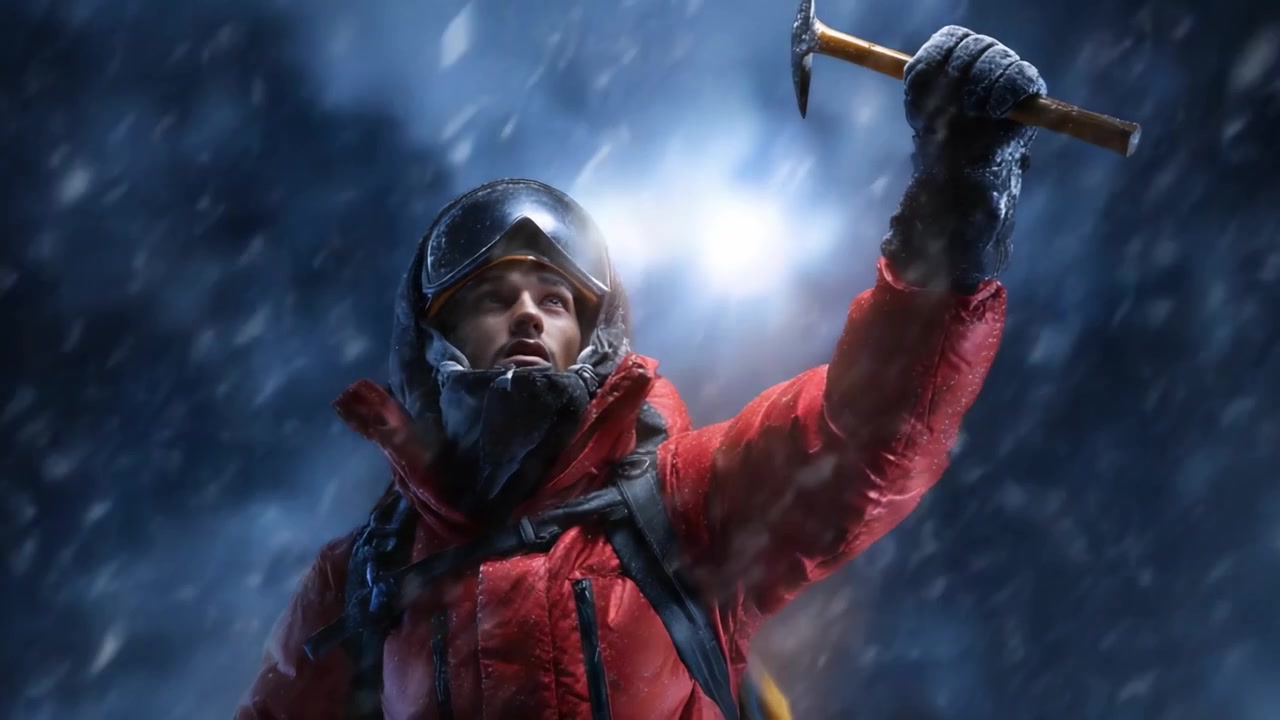 Um alpinista determinado ergue um piolet em meio a uma forte tempestade de neve, demonstrando resiliência, coragem e o espírito de aventura em condições climáticas extremas.