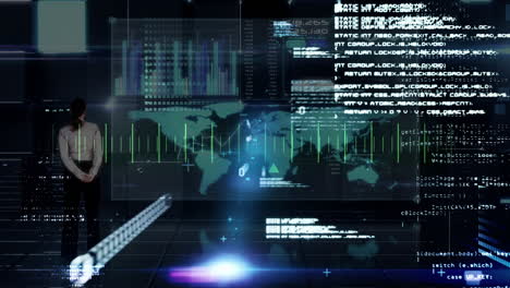 analyzing digital graphs and world map, businesswoman focusing on global data animation
