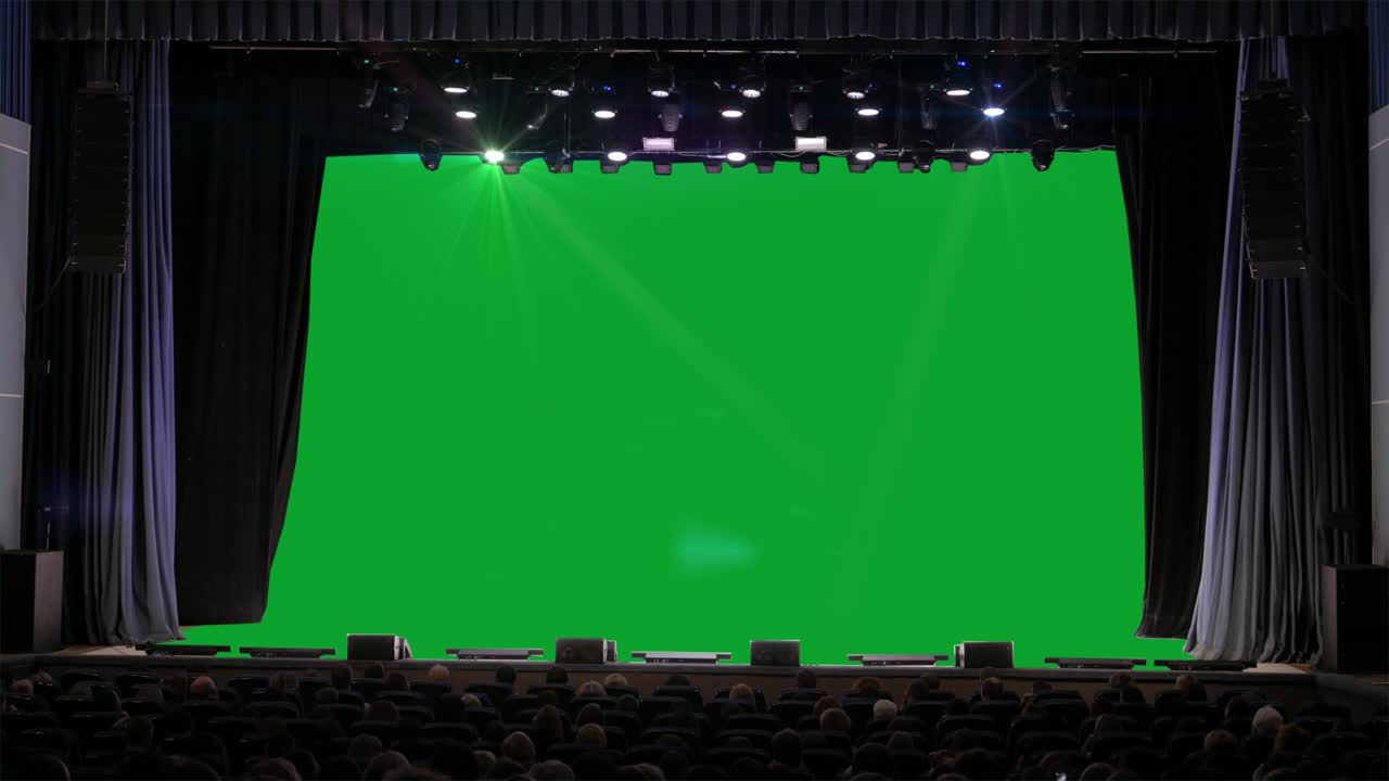 Sfondo verde chroma key, spettatori seduti in platea che guardano avanti