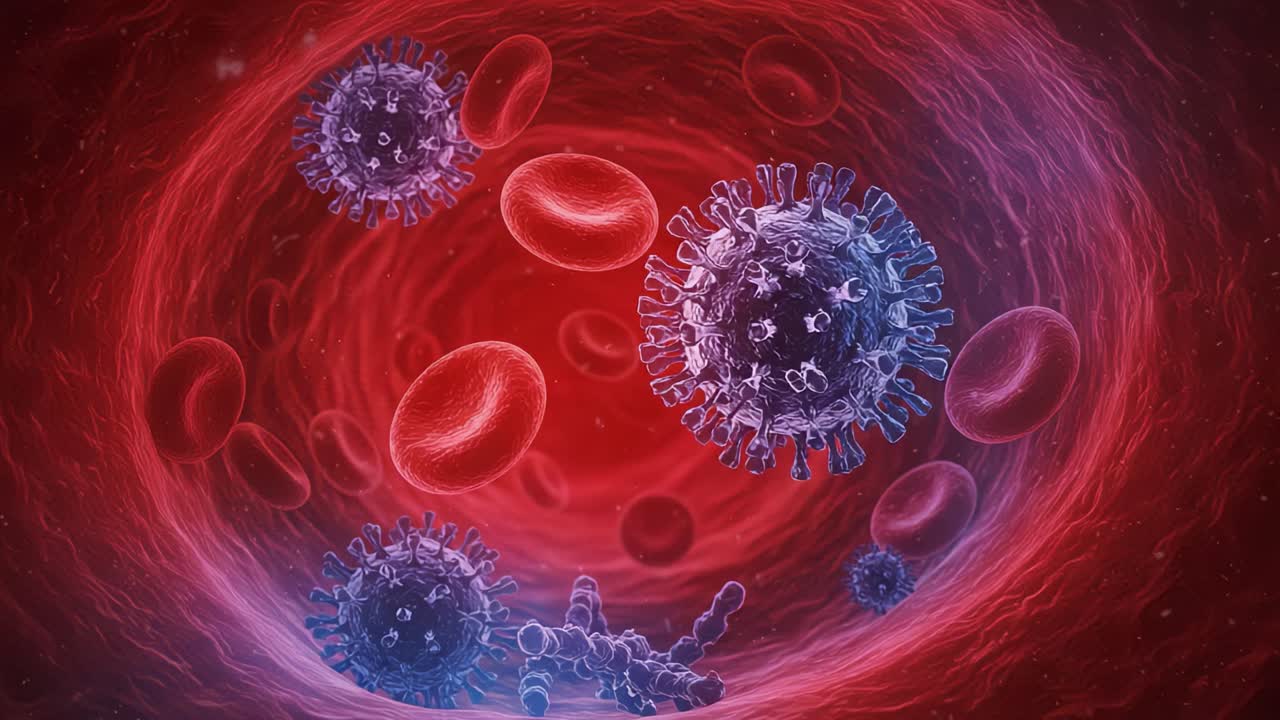 Visual Representation of Viral Particles Interacting Within Bloodstream Highlighting the Complex Microenvironment of the Human Body's Immune Response