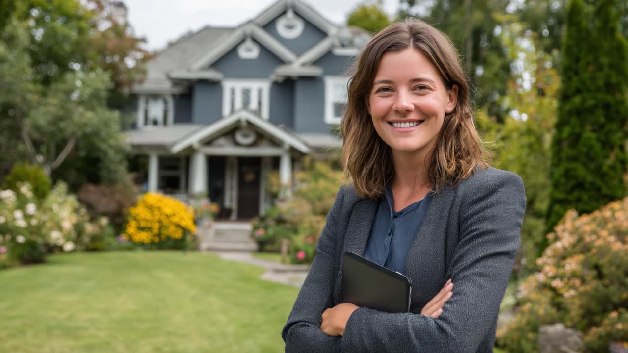 Confident Real Estate Agent Standing Outside a Beautiful House, Showcasing a Stunning Garden and Welcoming Entrance, With a Warm Smile and Professional Attire