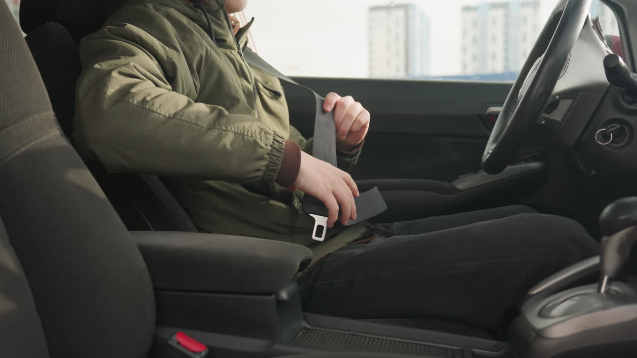 student wearing green jacket seated in car leans backward while removing seatbelt, captured from side view inside vehicle with city buildings softly visible outside through window in natural light