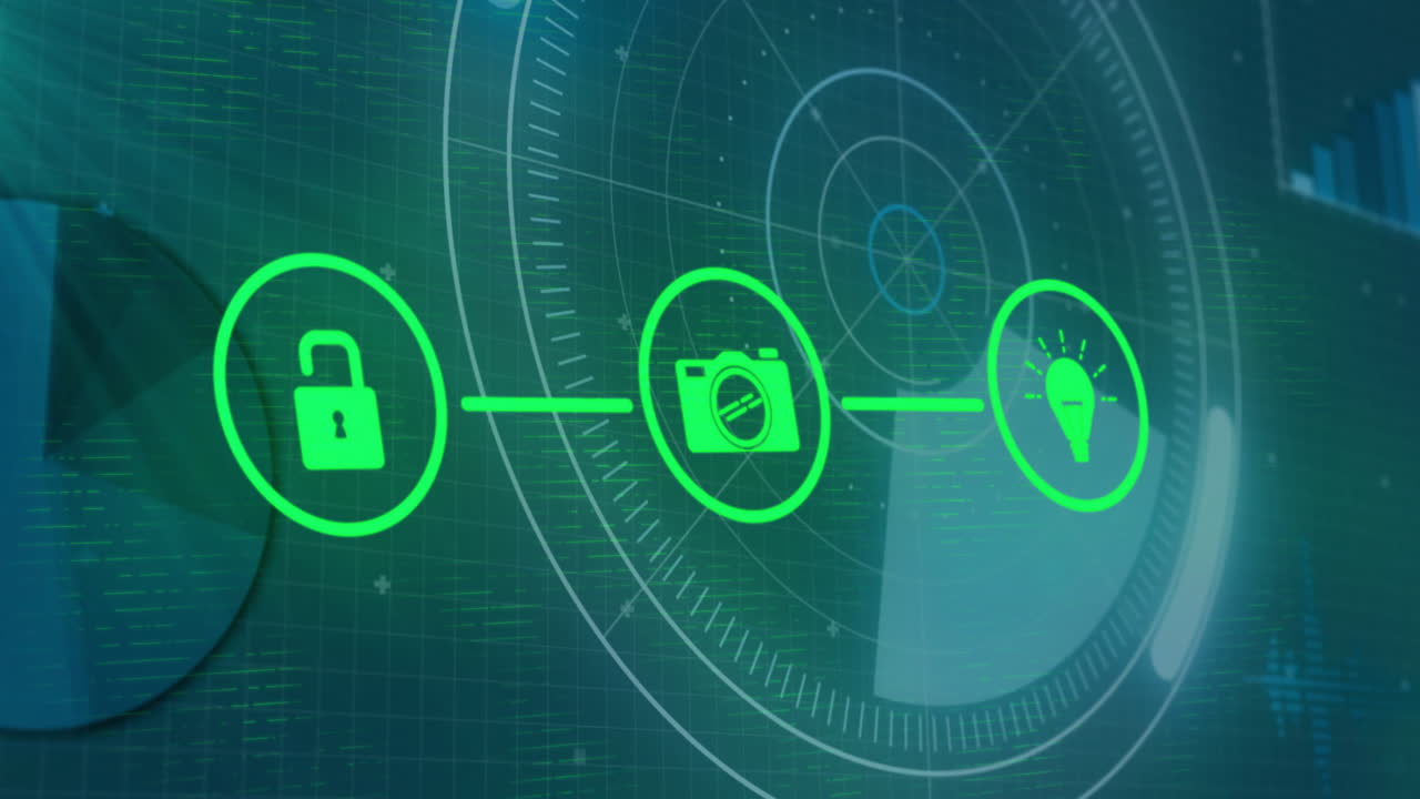 Lock, camera, and lightbulb icons connected in futuristic interface animation