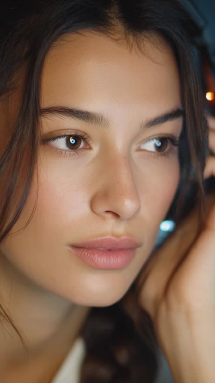 Captivating Close-Up of a Young Woman in Thoughtful Pose with Subtle Lighting and a Soft Expression, Representing Beauty, Introspection, and Poised Emotion