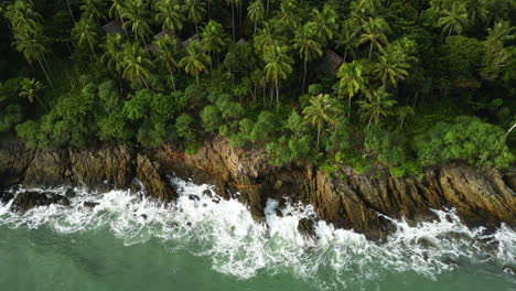 Jungle-huts-among-palm-trees-and-lush-vegetation,-rocky-Koh-Lanta-coast