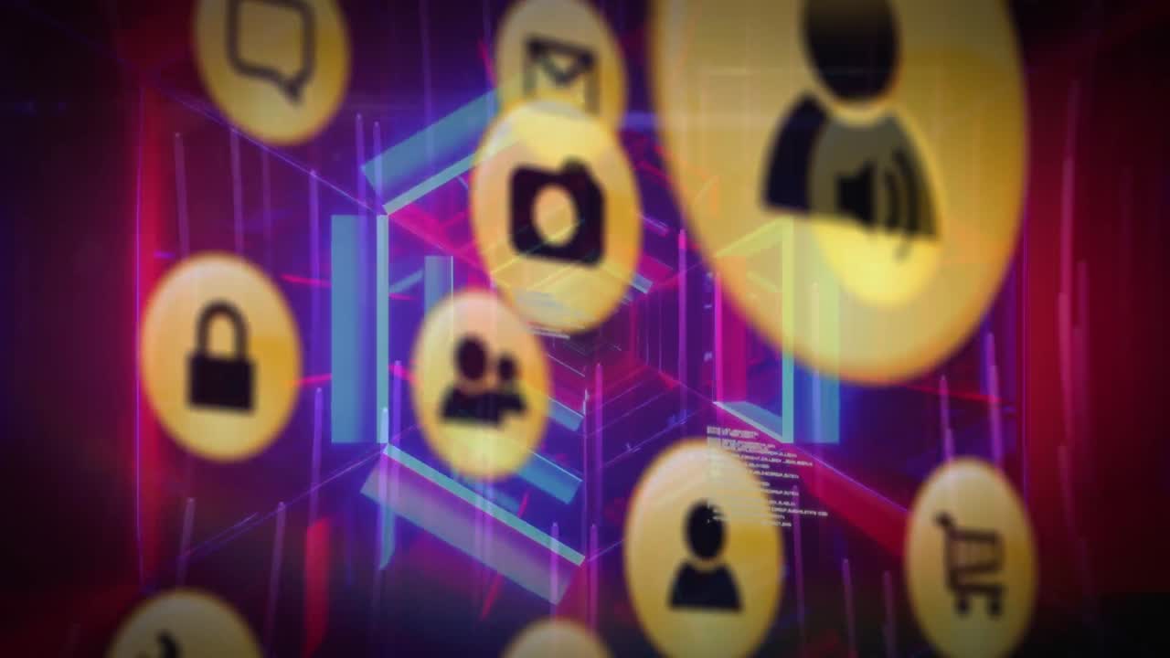 animación de iconos de usuario y tecnológicos sobre el túnel con luces de neón y procesamiento de datos