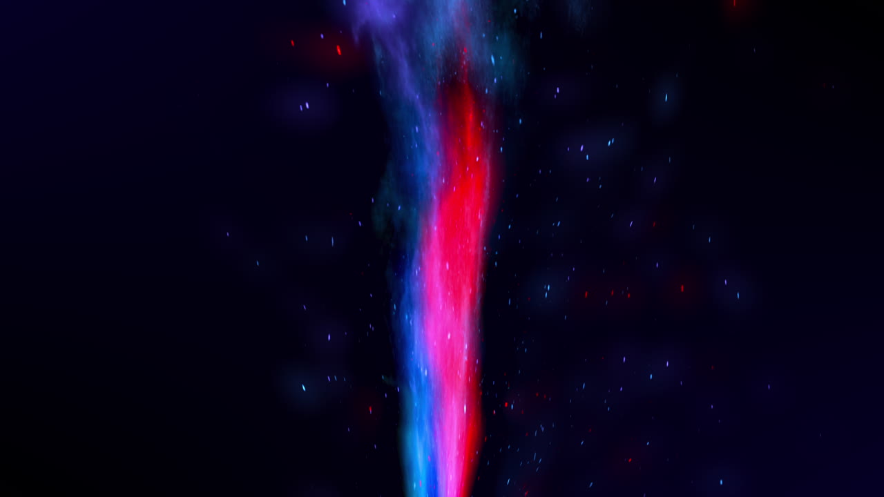 A fast burst of red and blue particles shoots upward, glowing brightly. They slow, drift down gently, and fade out gradually, leaving behind a soft fading trail.