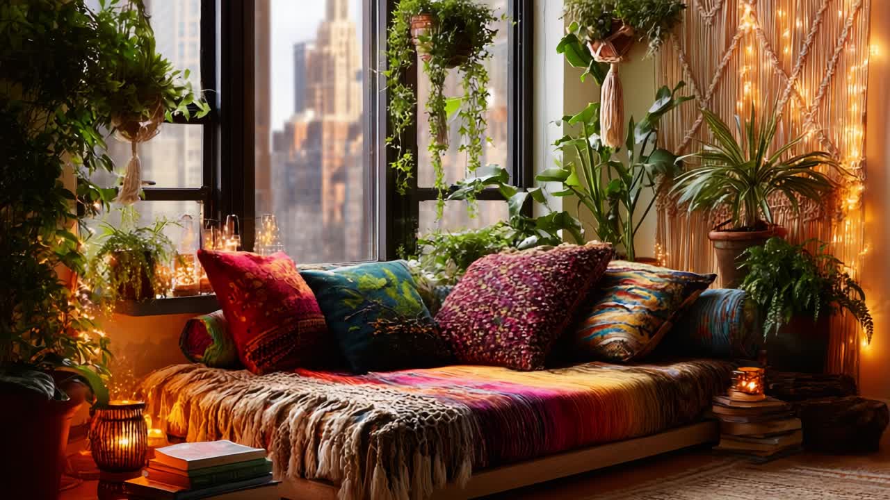 A Cozy and Inviting Living Space Filled with Lush Greenery, Colorful Textiles, and Warm Lighting, Perfect for Relaxation and Connection with Nature in an Urban Setting