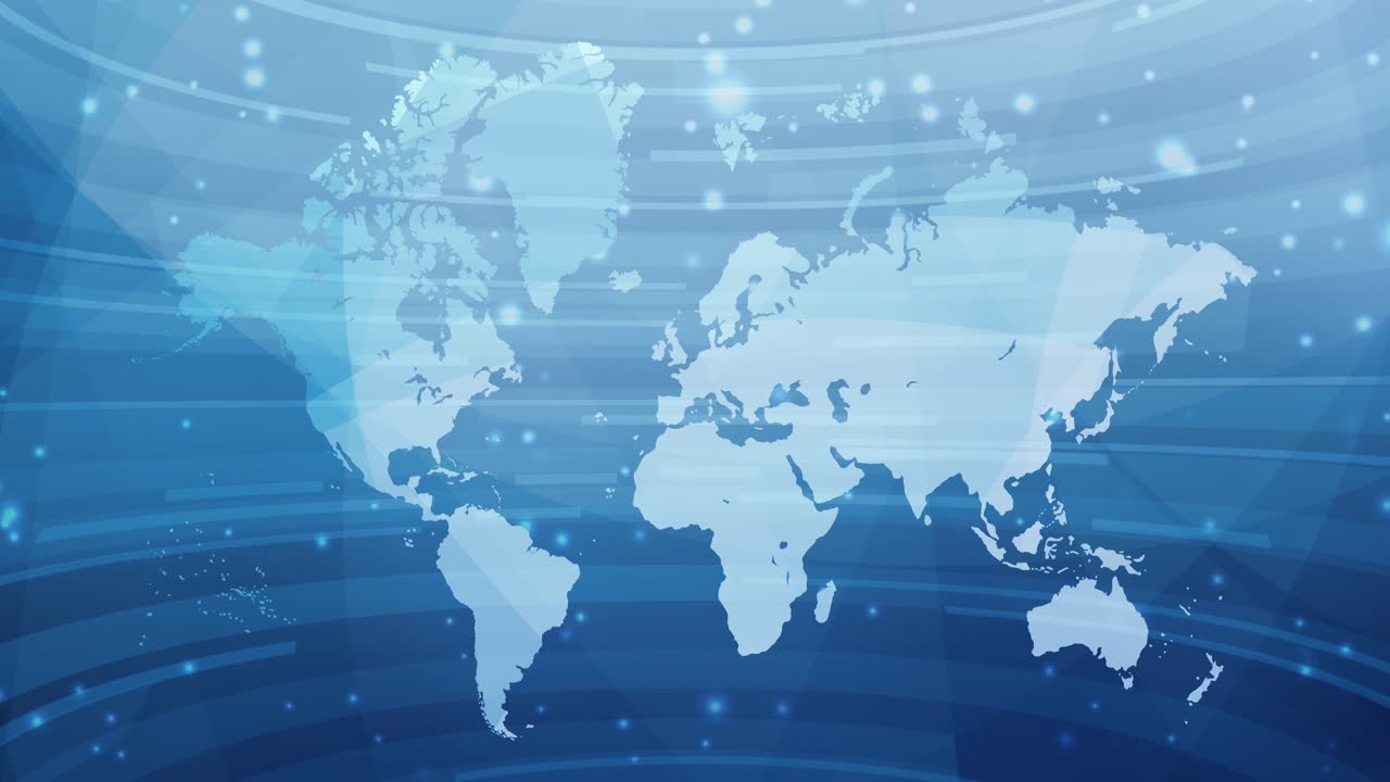 Loopable blue world map with glowing light particles, backdrop for news, technology, global digital communication infrastructure and international data transfer