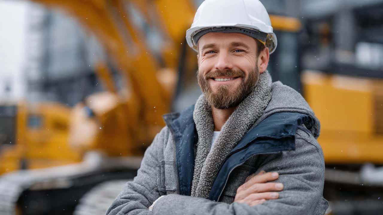 A confident construction worker stands proudly in front of heavy machinery, showcasing expertise and dedication to safety with a friendly smile and hard hat