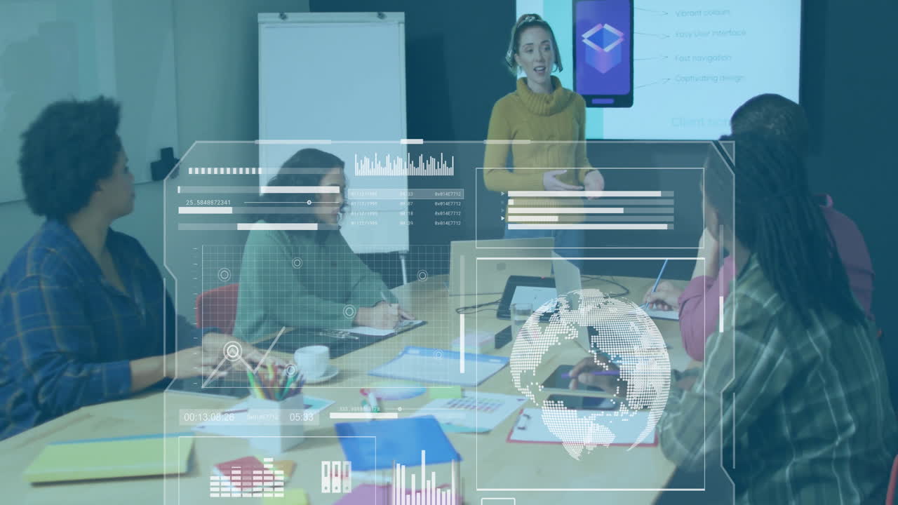 일시적인 사무실 회의에서 다양한 동료들에 대한 차트 및 처리 데이터의 애니메이션