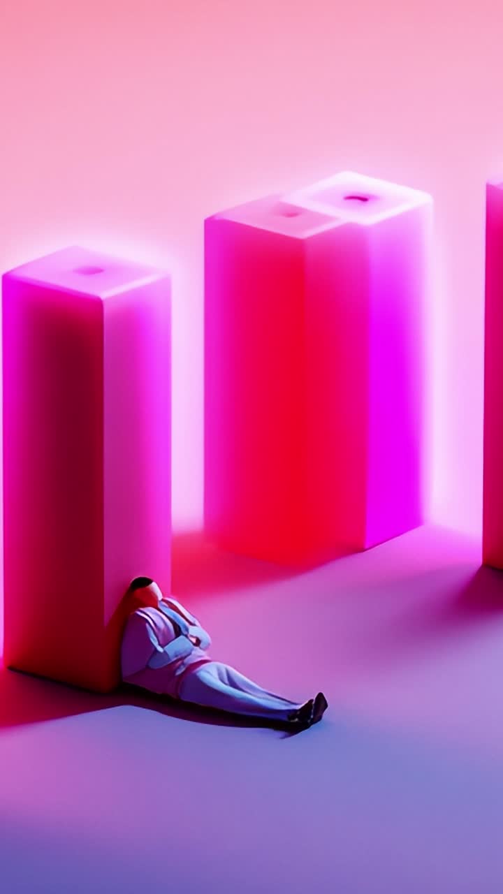 A Surreal Scene of Figures Resting Against Vibrant Pink Bars in a Dreamy Atmosphere, Blending Colors and Shapes for an Engaging Visual Experience