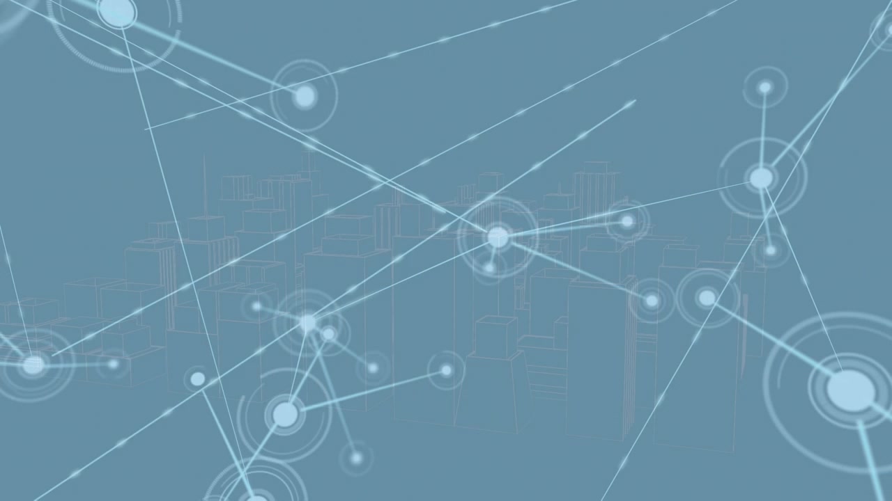 Animation of network of connections over digital city on blue background