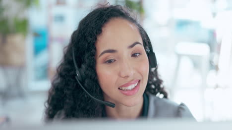 Call-center,-talking-and-business-woman-in-office