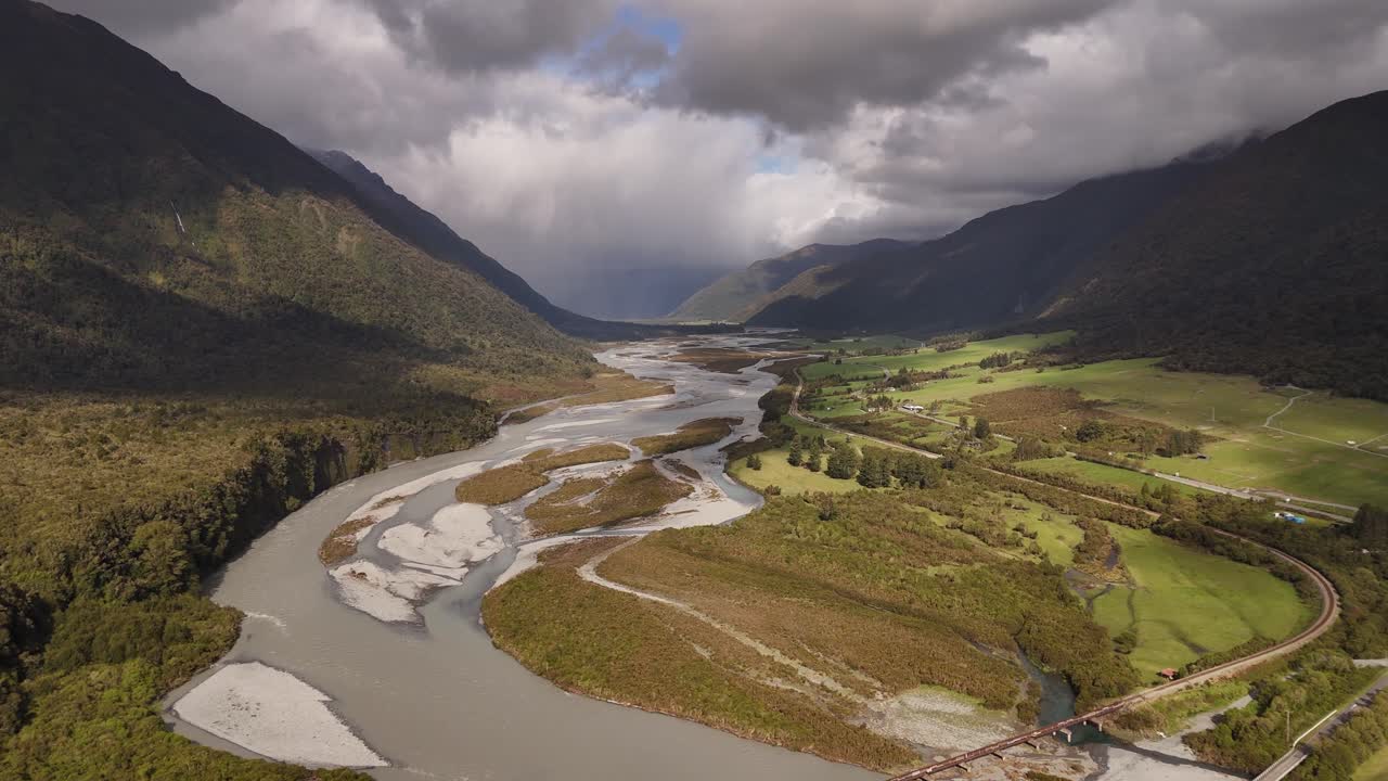 Bealey River in Arthur's Pass National Park in New Zealand, drone shot