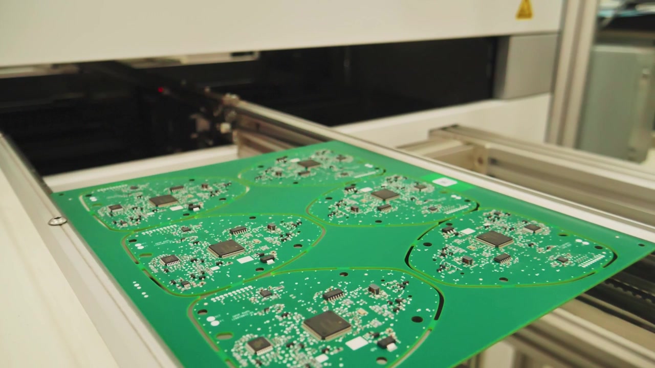 Groene printplaten die worden geproduceerd in een autofabriek, close-up