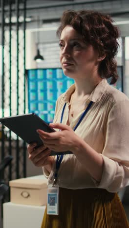 vertical video pensive woman business leader does forecasting on her tablet in the office