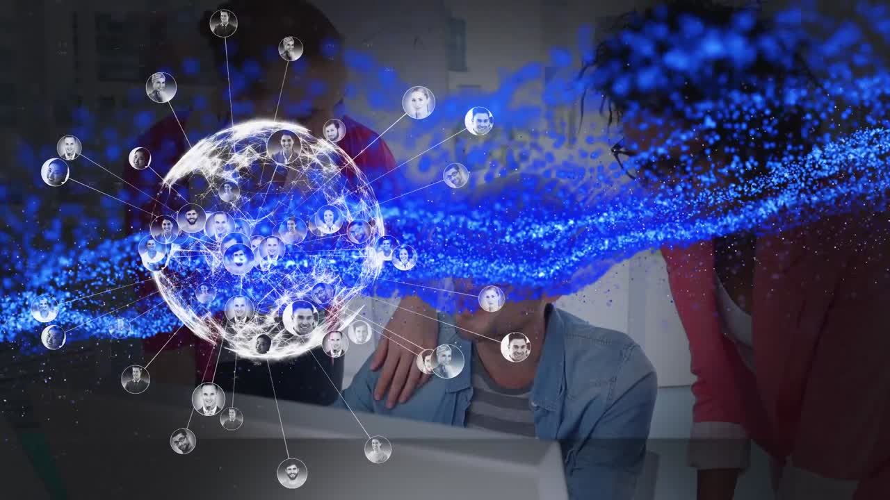 글로벌 네트워크의 애니메이션과 파란 입자 처리 데이터는 다양한 동료들이 일하고 있습니다.