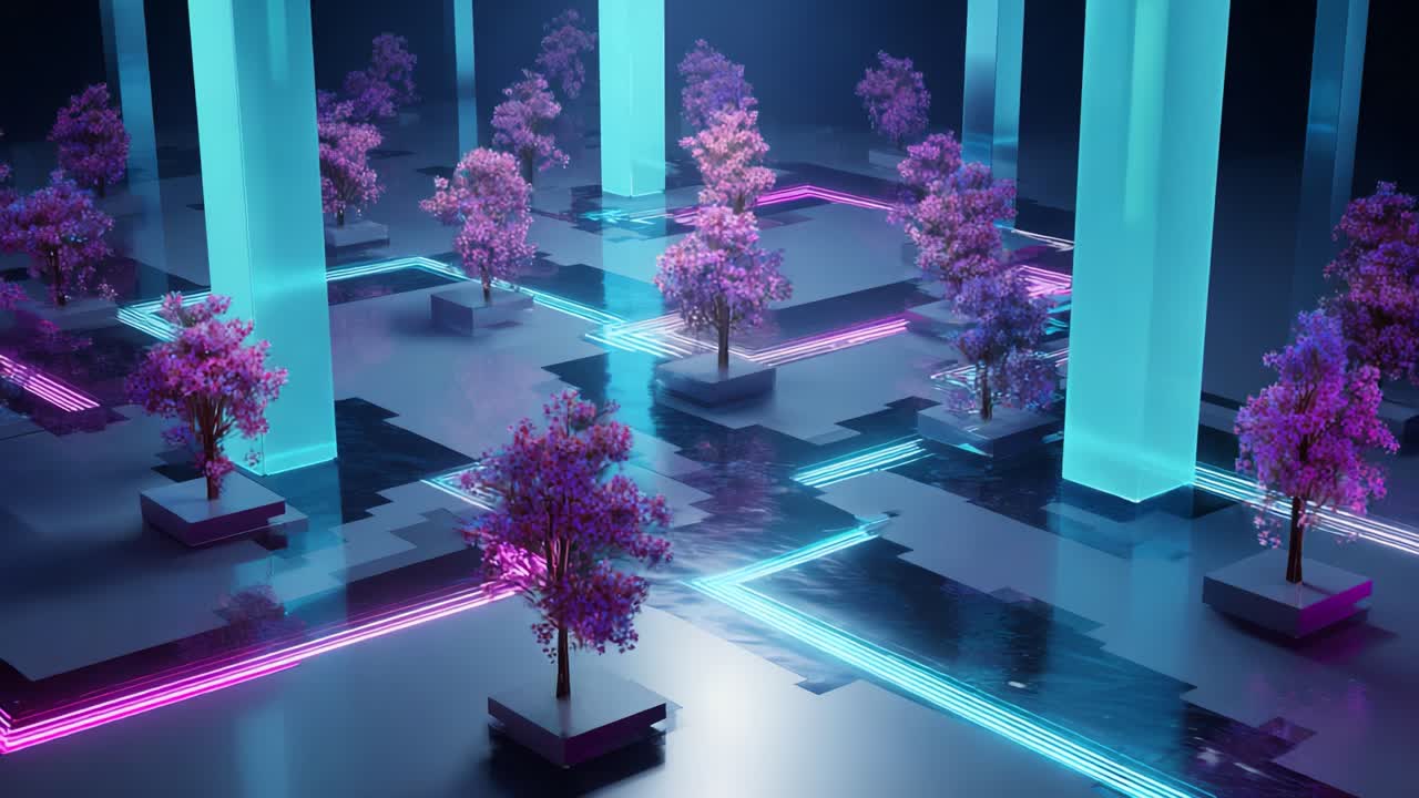 A Futuristic Garden: Neon Trees and Vibrant Lights Reflecting in a Digital Landscape with Glowing Pillars and Pathways, Creating an Otherworldly Atmosphere in a Virtual Realm