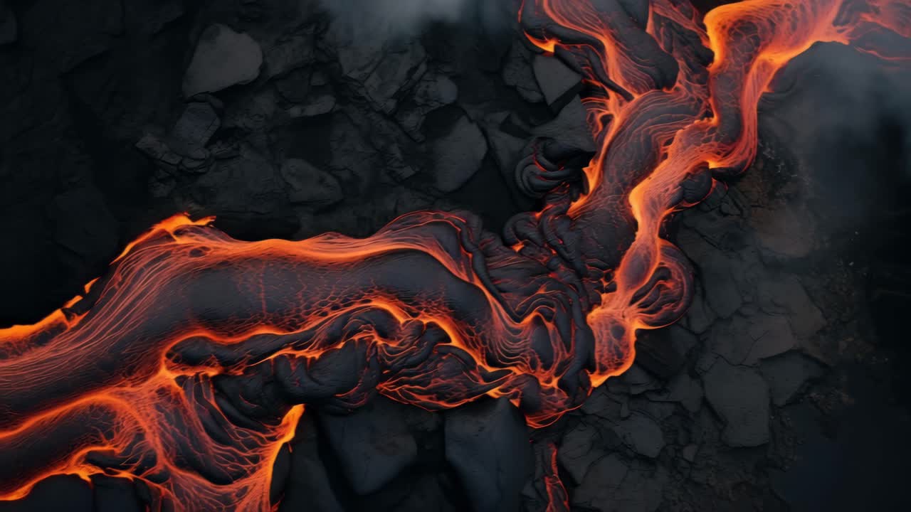 Vista aerea di una colata lavica incandescente su rocce scure, che mostra il movimento dinamico e la texture