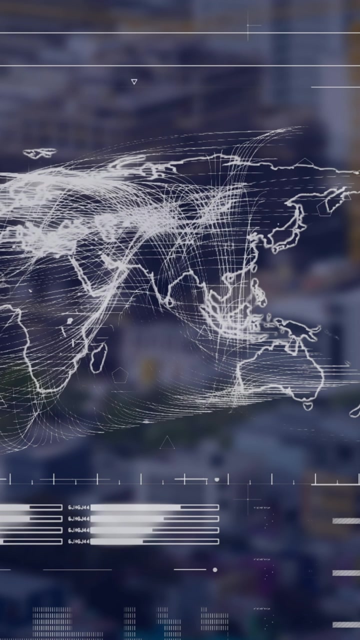 Animation of loading bars, map and wave pattern over modern city in background