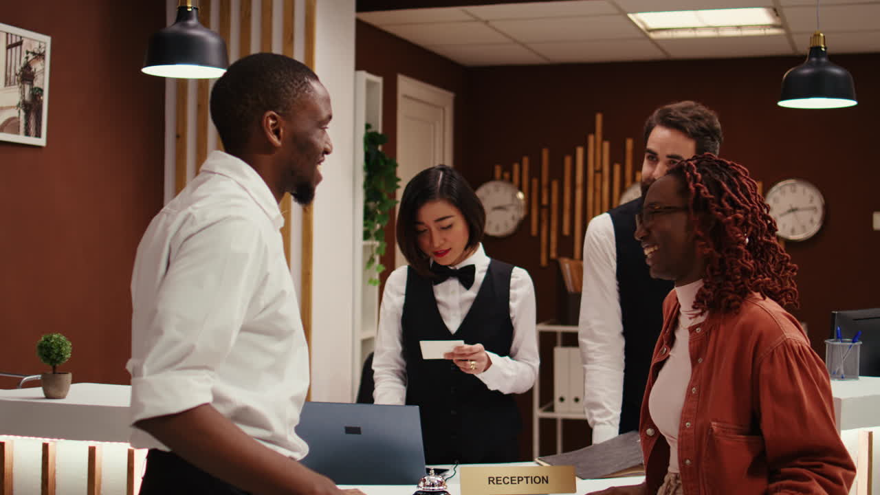 Guests leaving hotel after nice stay