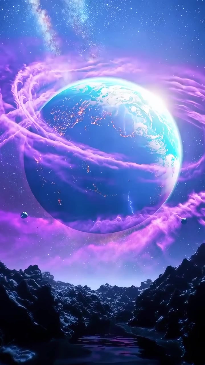 Planet Bumi yang Cerah dalam Nebula Ungu Berputar dengan Pemandangan Alien