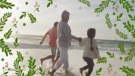 animation of leaves over biracial family at beach