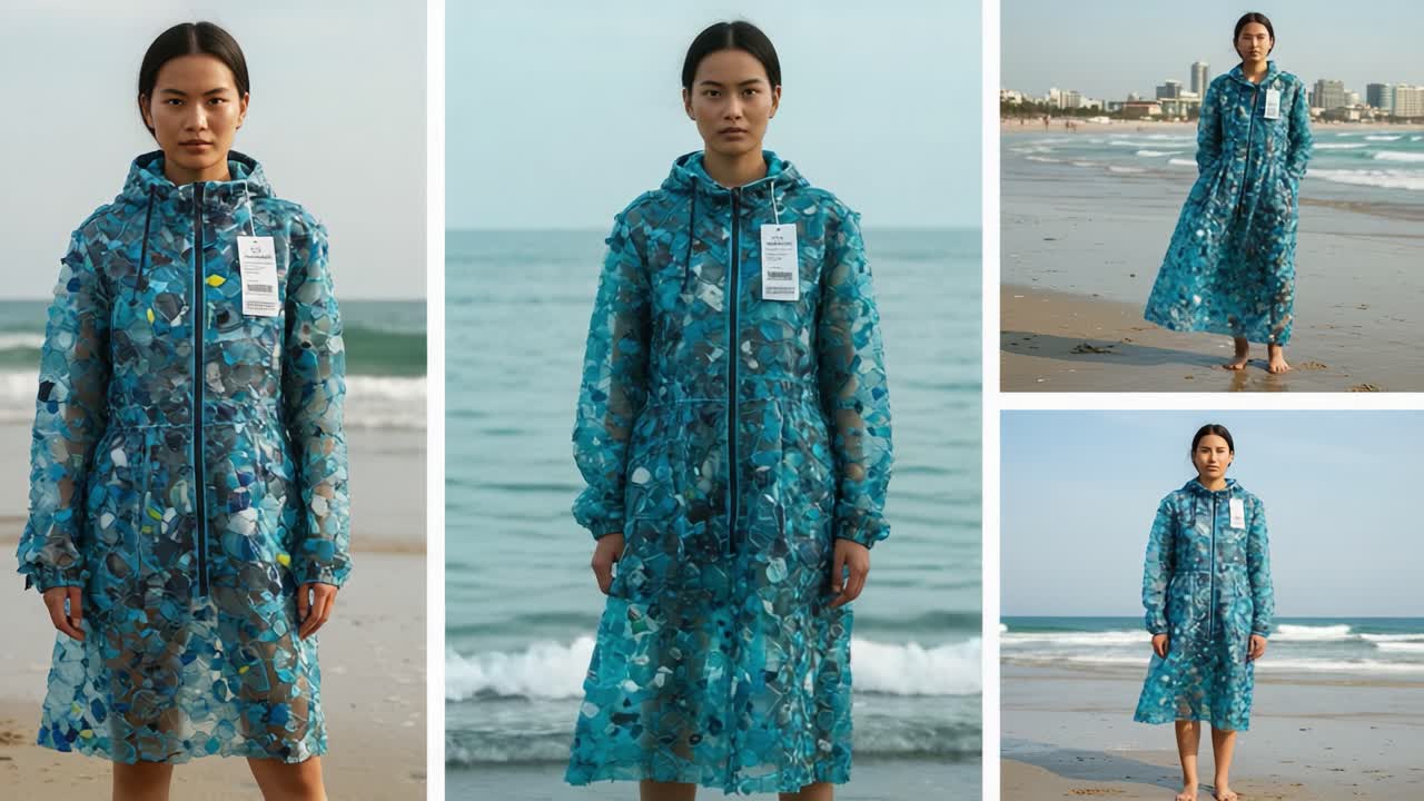 Innovative Fashion: A Model Showcases a Unique, Transparent Raincoat Made from Recycled Materials, Highlighting Sustainability and Style at the Beachside