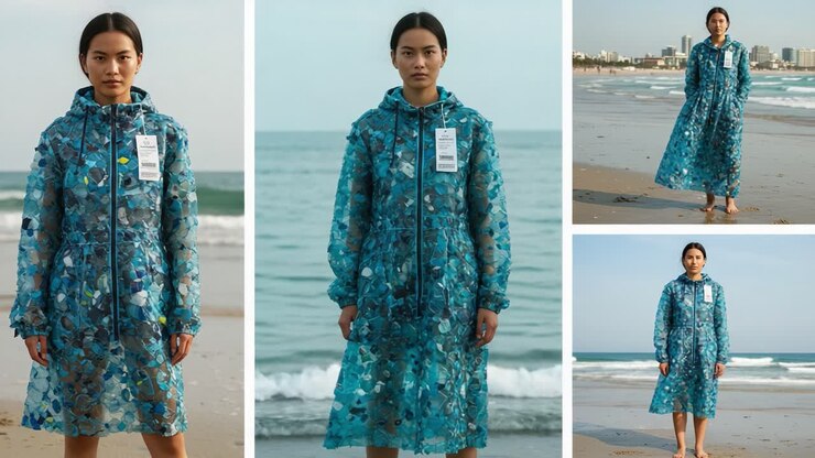 Moda innovativa: una modello mostra un impermeabile trasparente unico realizzato con materiali riciclati, evidenziando la sostenibilità e lo stile in spiaggia
