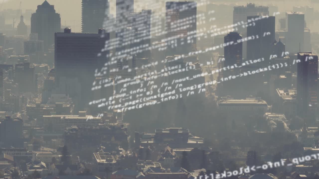 도시 풍경의 공중 전망에 대한 데이터 처리 애니메이션