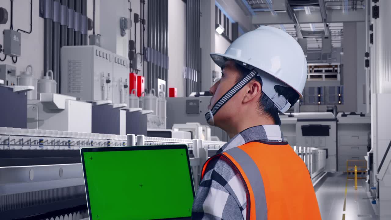 Close Up Back View Of Asian Male Engineer With Safety Helmet Working On A Green Screen Laptop And Looking Around While Standing At Pharmaceutical Factory, Vaccine Production Facility