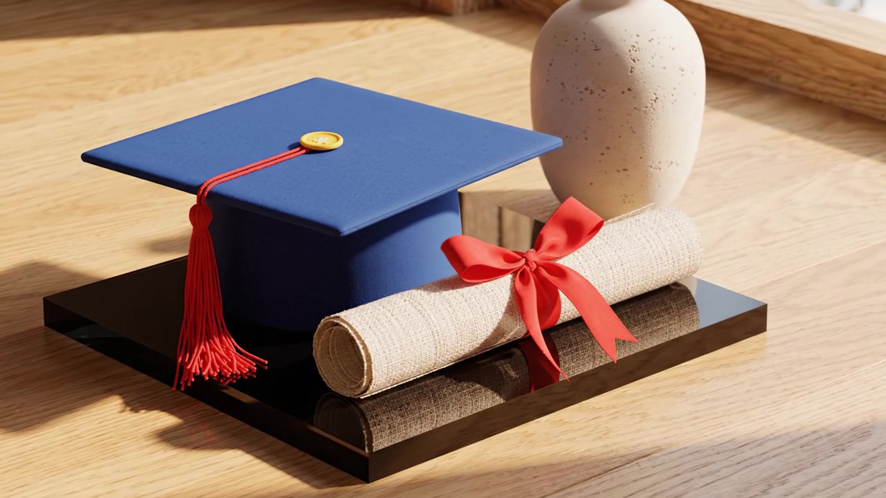Una celebrazione del successo: Un tocco di laurea e un diploma poggiati su un'elegante esposizione, che simboleggiano i successi accademici e le future opportunità