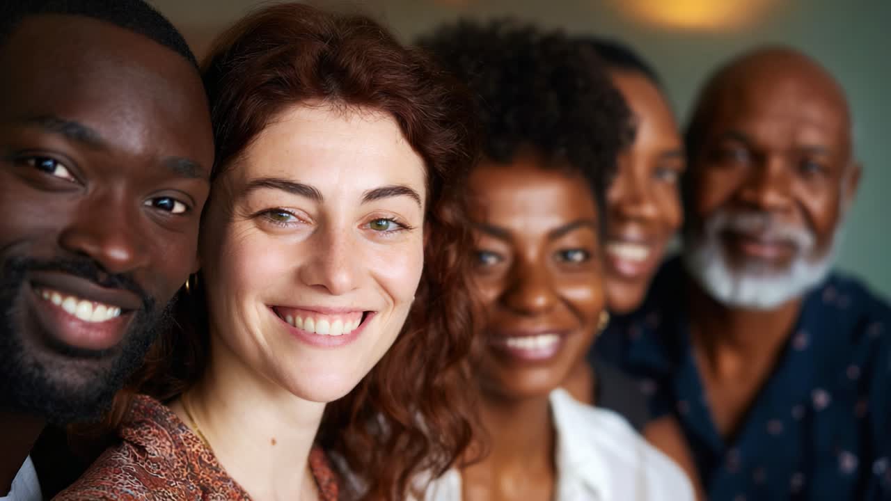 Um grupo alegre de pessoas diversas posando juntas, demonstrando amizade e conexão em uma atmosfera acolhedora repleta de sorrisos e risadas