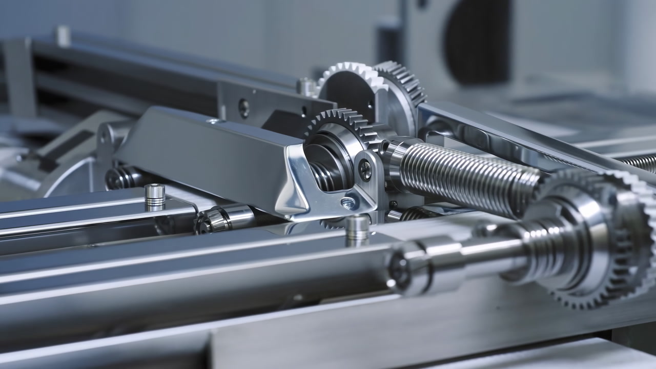 Highprecision Stainless Steel Gears And Actuator Showing Automated Linear Motion Across Conveyor Bed, Closeup