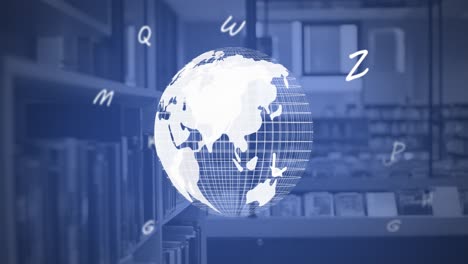 digital composition of multiple alphabets floating over spinning globe against school library