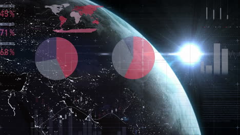 digital animation of statistical data processing against spot of light and globe rotating in space