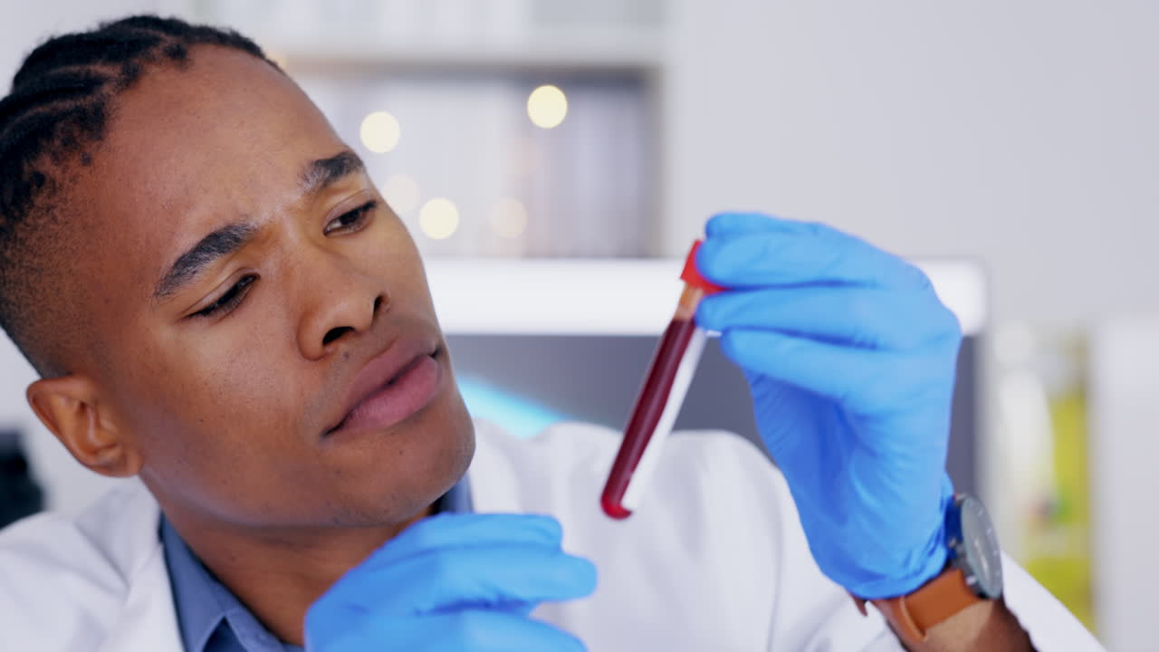 Science, blood test and black man thinking