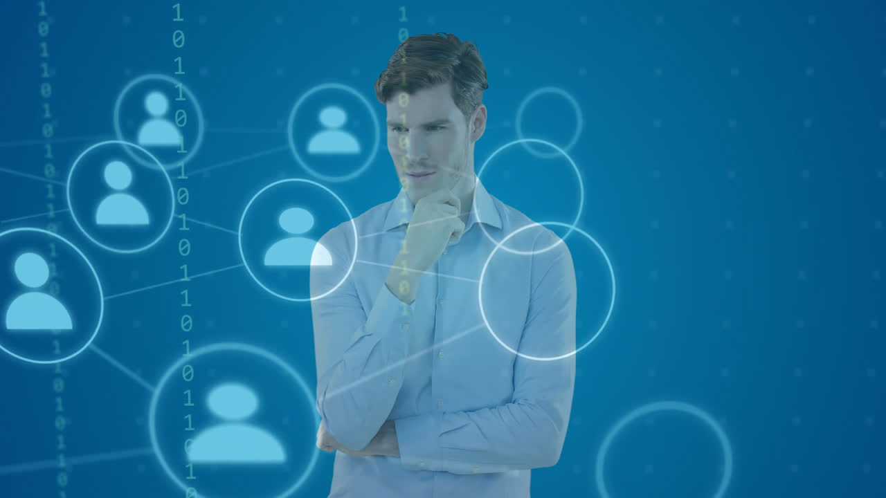 animación de la red de conexiones y procesamiento de datos sobre el hombre caucásico en fondo azul